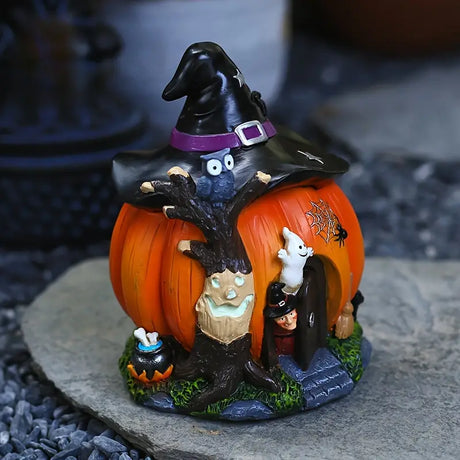 Halloween Witch Pumpkin House Garden Decor Glow in the Dark Resin Ornament