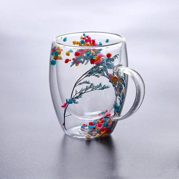 Double Wall Glass Cup with Real Flower Conch Filler